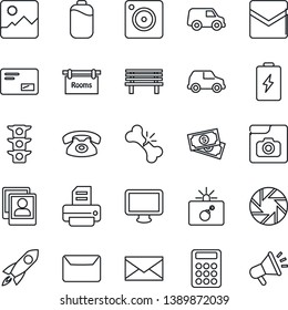 Thin Line Icon Set - bomb in case vector, mail, printer, bench, broken bone, cash, traffic light, monitor, mobile camera, gallery, photo, battery, calculator, rooms, phone, rocket, car, advertising