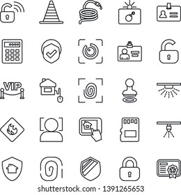 Thin Line Icon Set - bomb in case vector, identity, stamp, border cone, card, hose, shield, flammable, sd, face id, eye, lock, vip zone, home control, fingerprint, wireless, app, protect, sprinkler
