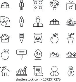 Thin Line Icon Set - bomb in case vector, manager, contract, seedling, plant label, greenhouse, fertilizer, application, point graph, house with tree, pond, fruit, estate agent, apple, eco