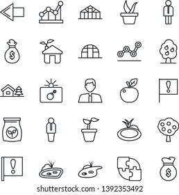 Thin Line Icon Set - bomb in case vector, left arrow, manager, seedling, greenhouse, pond, fertilizer, important flag, application, point graph, house with tree, fruit, estate agent, apple, eco