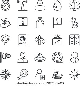 Thin Line Icon Set - bomb in case vector, passport, wind, water drop, pond, heart diagnostic, ambulance star, patient, route, important flag, reel, antenna, application, root setup, target, supply