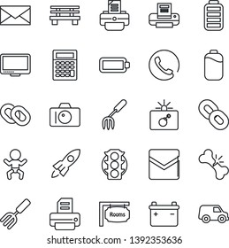 Thin Line Icon Set - bomb in case vector, baby, camera, mail, printer, garden fork, bench, broken bone, traffic light, monitor, chain, battery, rooms, phone, rocket, calculator, car