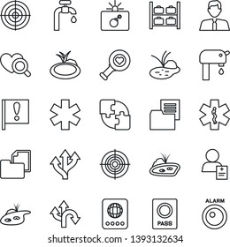 Thin Line Icon Set - bomb in case vector, passport, luggage storage, pond, heart diagnostic, ambulance star, patient, route, important flag, folder document, application, target, water supply