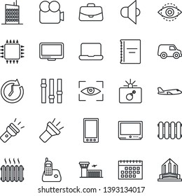 Thin Line Icon Set - bomb in case vector, plane, airport building, speaker, settings, tv, video camera, monitor, radio phone, mobile, torch, eye id, calendar, copybook, notebook pc, heater, chip