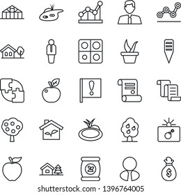 Thin Line Icon Set - bomb in case vector, manager, contract, seedling, plant label, greenhouse, pond, fertilizer, important flag, application, point graph, house with tree, fruit, estate agent, eco