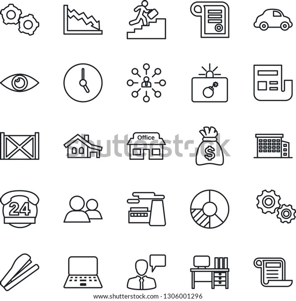 Thin\
Line Icon Set - bomb in case vector, speaking man, gear, hierarchy,\
desk, notebook pc, money bag, factory, circle chart, eye, store, 24\
hours, car delivery, container, group, clock,\
news