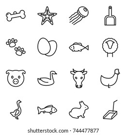 thin line icon set : bone, starfish, jellyfish, scoop, pets, eggs, fish, sheep, pig, goose, cow, chicken, rabbit