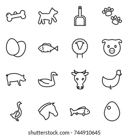 thin line icon set : bone, dog, scoop, pets, eggs, fish, sheep, pig, goose, cow, chicken, horse, egg