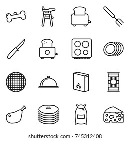 thin line icon set : bone, Chair for babies, toaster, big fork, knife, hob, plates, sieve, meal cap, cereals, pasta, chicken leg, pancakes, flour, cheese