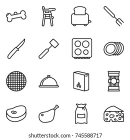 thin line icon set : bone, Chair for babies, toaster, big fork, knife, meat hammer, hob, plates, sieve, meal cap, cereals, pasta, steake, chicken leg, flour, cheese