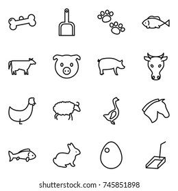 thin line icon set : bone, scoop, pets, fish, cow, pig, chicken, sheep, goose, horse, rabbit, egg