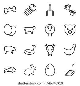 thin line icon set : bone, jellyfish, scoop, pets, eggs, cow, sheep, pig, goose, chicken, fish, rabbit, egg