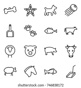 thin line icon set : bone, starfish, dog, jellyfish, scoop, pets, fish, cow, sheep, pig, horse