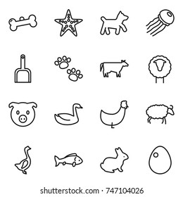 thin line icon set : bone, starfish, dog, jellyfish, scoop, pets, cow, sheep, pig, goose, chicken, fish, rabbit, egg