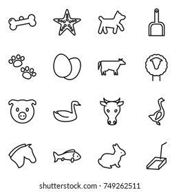 thin line icon set : bone, starfish, dog, scoop, pets, eggs, cow, sheep, pig, goose, horse, fish, rabbit