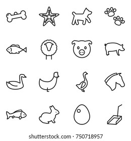 thin line icon set : bone, starfish, dog, pets, fish, sheep, pig, goose, chicken, horse, rabbit, egg, scoop