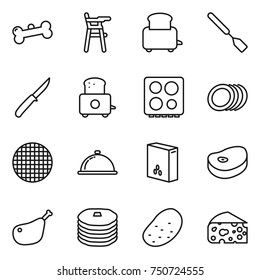 thin line icon set : bone, Chair for babies, toaster, spatula, knife, hob, plates, sieve, meal cap, cereals, steake, chicken leg, pancakes, potato, cheese