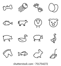 thin line icon set : bone, jellyfish, pets, eggs, fish, cow, sheep, pig, goose, horse, rabbit, scoop