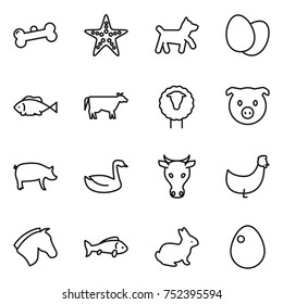 thin line icon set : bone, starfish, dog, eggs, fish, cow, sheep, pig, goose, chicken, horse, rabbit, egg
