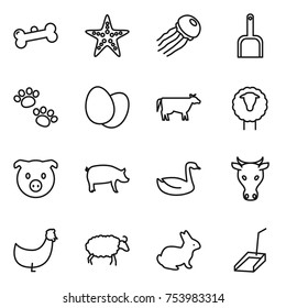 thin line icon set : bone, starfish, jellyfish, scoop, pets, eggs, cow, sheep, pig, goose, chicken, rabbit