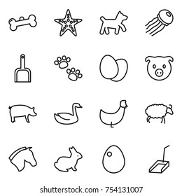 thin line icon set : bone, starfish, dog, jellyfish, scoop, pets, eggs, pig, goose, chicken, sheep, horse, rabbit, egg