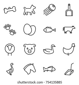 thin line icon set : bone, dog, jellyfish, scoop, pets, eggs, fish, cow, sheep, pig, goose, chicken, horse