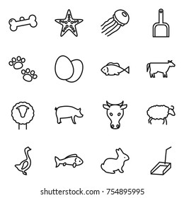 thin line icon set : bone, starfish, jellyfish, scoop, pets, eggs, fish, cow, sheep, pig, goose, rabbit