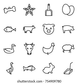 thin line icon set : bone, starfish, scoop, eggs, fish, cow, pig, goose, chicken, sheep, rabbit