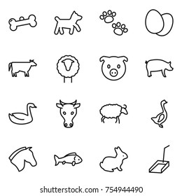 thin line icon set : bone, dog, pets, eggs, cow, sheep, pig, goose, horse, fish, rabbit, scoop