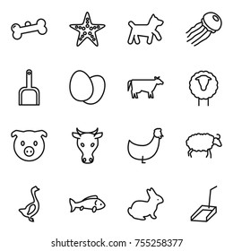 thin line icon set : bone, starfish, dog, jellyfish, scoop, eggs, cow, sheep, pig, chicken, goose, fish, rabbit