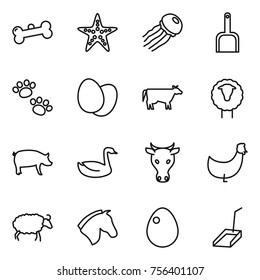 Thin line icon set : bone, starfish, jellyfish, scoop, pets, eggs, cow, sheep, pig, goose, chicken, horse, egg