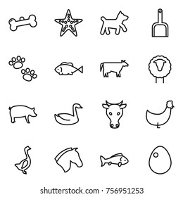 Thin line icon set : bone, starfish, dog, scoop, pets, fish, cow, sheep, pig, goose, chicken, horse, egg
