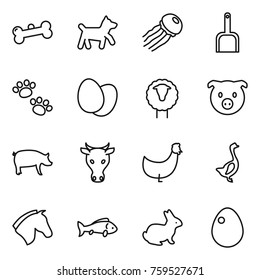 Thin line icon set : bone, dog, jellyfish, scoop, pets, eggs, sheep, pig, cow, chicken, goose, horse, fish, rabbit, egg