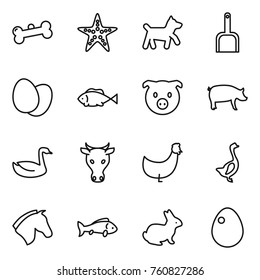 Thin line icon set : bone, starfish, dog, scoop, eggs, fish, pig, goose, cow, chicken, horse, rabbit, egg