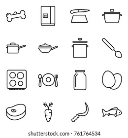 Thin line icon set : bone, fridge, cutting board, pan, saute, big spoon, hob, fork plate, bank, eggs, steake, carrot, sickle, fish