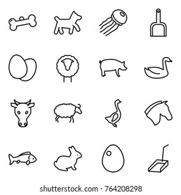 Thin line icon set : bone, dog, jellyfish, scoop, eggs, sheep, pig, goose, cow, horse, fish, rabbit, egg