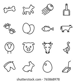 Thin line icon set : bone, dog, jellyfish, scoop, pets, eggs, fish, cow, sheep, pig, goose, horse, rabbit, egg