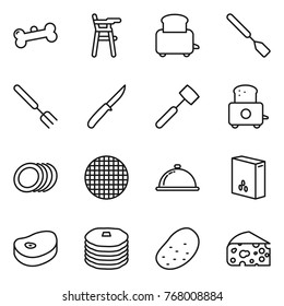 Thin line icon set : bone, Chair for babies, toaster, spatula, big fork, knife, meat hammer, plates, sieve, meal cap, cereals, steake, pancakes, potato, cheese