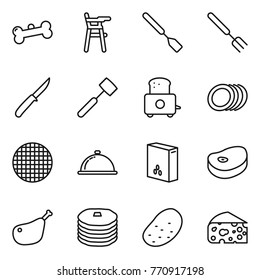 Thin line icon set : bone, Chair for babies, spatula, big fork, knife, meat hammer, toaster, plates, sieve, meal cap, cereals, steake, chicken leg, pancakes, potato, cheese