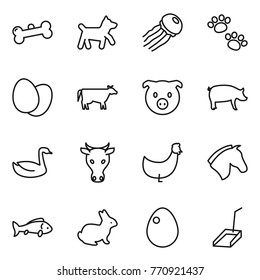 Thin line icon set : bone, dog, jellyfish, pets, eggs, cow, pig, goose, chicken, horse, fish, rabbit, egg, scoop
