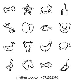 Thin line icon set : bone, starfish, dog, scoop, pets, eggs, fish, pig, goose, cow, chicken, sheep, horse