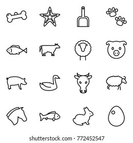 Thin line icon set : bone, starfish, scoop, pets, fish, cow, sheep, pig, goose, horse, rabbit, egg