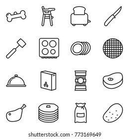 Thin line icon set : bone, Chair for babies, toaster, knife, meat hammer, hob, plates, sieve, meal cap, cereals, pasta, steake, chicken leg, pancakes, flour, potato