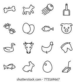 Thin line icon set : bone, dog, jellyfish, scoop, pets, eggs, fish, pig, goose, cow, chicken, horse, rabbit, egg