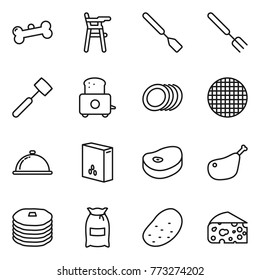 Thin line icon set : bone, Chair for babies, spatula, big fork, meat hammer, toaster, plates, sieve, meal cap, cereals, steake, chicken leg, pancakes, flour, potato, cheese