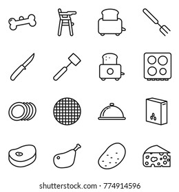Thin line icon set : bone, Chair for babies, toaster, big fork, knife, meat hammer, hob, plates, sieve, meal cap, cereals, steake, chicken leg, potato, cheese