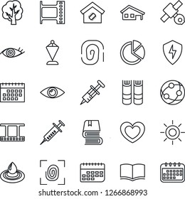 Thin Line Icon Set - book vector, pennant, tree, sun, heart, syringe, eye, satellite, term, film frame, network, protect, calendar, pie graph, house with garage, smart home, fingerprint, water