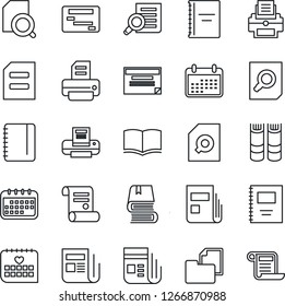 Thin Line Icon Set - book vector, document search, notepad, printer, contract, medical calendar, folder, news, copybook, schedule