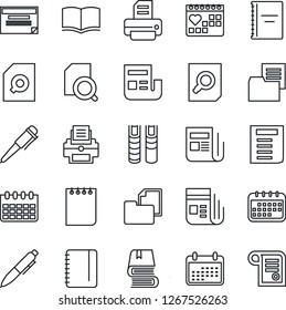 Thin Line Icon Set - book vector, document search, pen, notepad, calendar, printer, medical, folder, news, copybook, schedule, contract