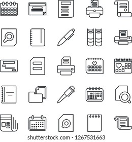 Thin Line Icon Set - book vector, document search, pen, notepad, calendar, printer, contract, medical, folder, news, copybook, schedule